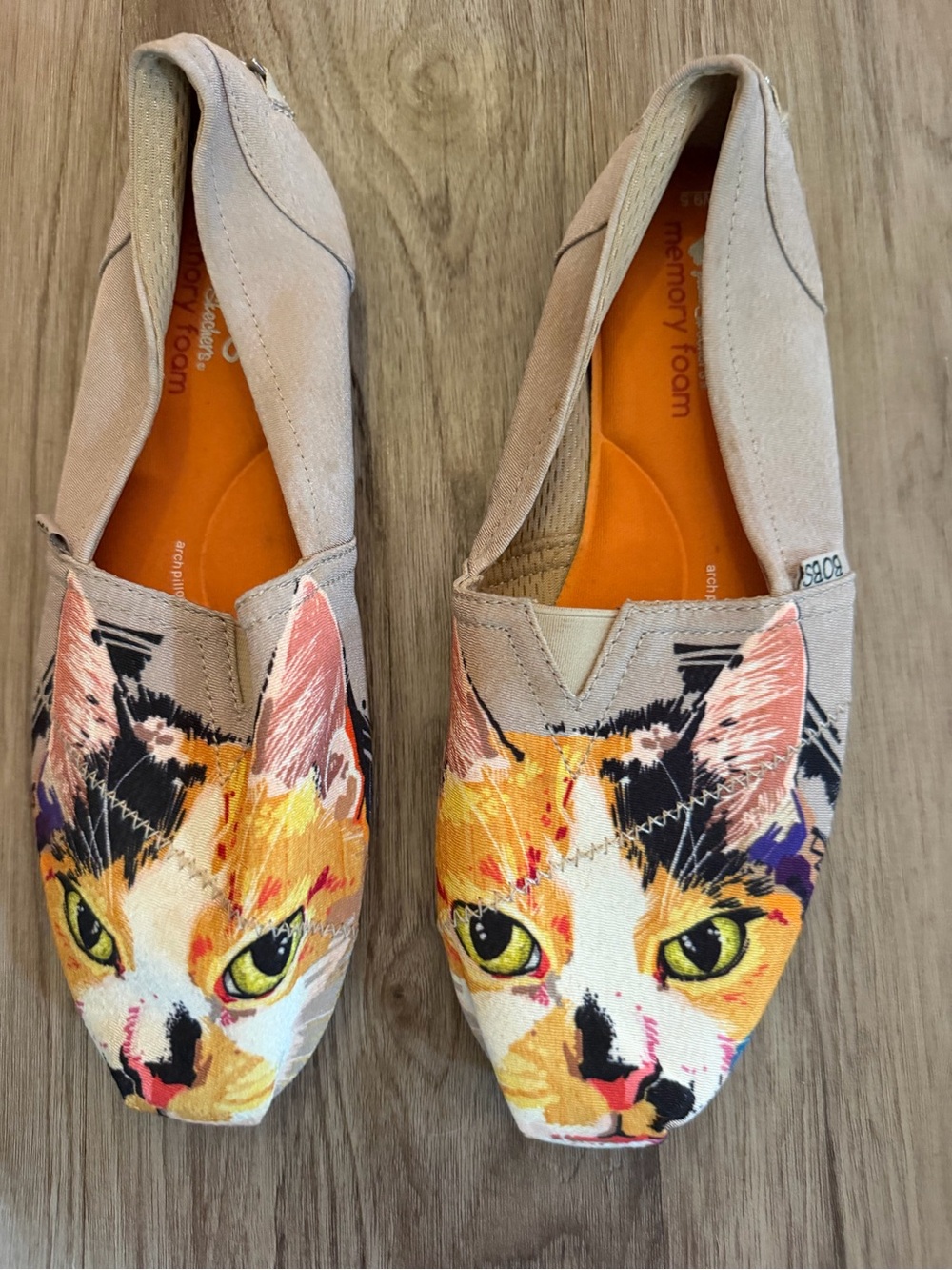 Skechers Beige Canvas Slip-Ons with Colorful Cat Face Print